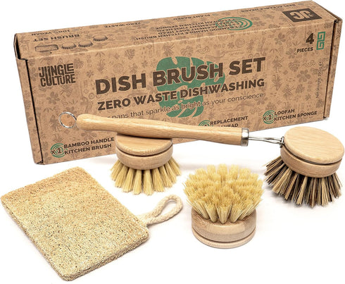 Jungle Culture Bamboo Dish Brush Set, 4 Piece with 3 Replacement Heads & Loofah Sponge, Eco-Friendly