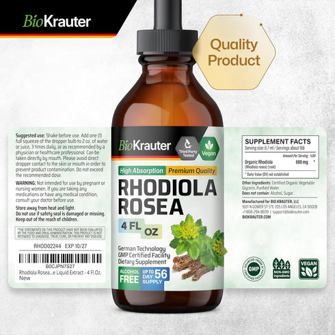 Organic Rhodiola Rosea Liquid Supplement - Vegan Adaptogenic Drops for Mood & Brain Support - Alcohol & Sugar Free, 4