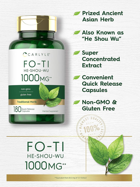 Carlyle Fo-Ti 1000mg | 180 Capsules | He-Shou-Wu Root | Non-GMO, Gluten Free Traditional Herb Supplement
