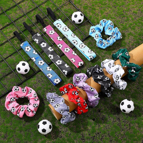 MTLEE 12 Pcs Soccer Hair Accessories, 8 Soccer Hair Scrunchies and 4 Non-Slip Adjustable Headbands for Girls Teens