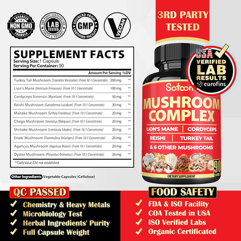 Satoomi 90 Capsules - 10in1 Turkey Tail Supplement with Lions Mane, Turkey Tail Mushroom, Reishi Mushroom & Others - for 90 Days