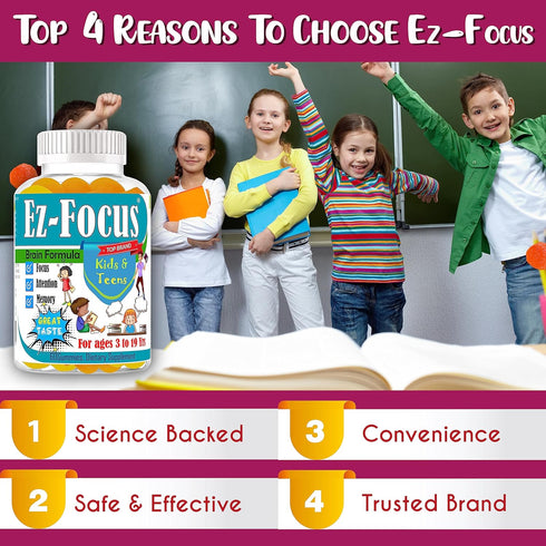 Ez Focus Gummies for Kids - Chewable Focus Vitamins for Brain Support, Attention & Calming, Natural Omegas DHA
