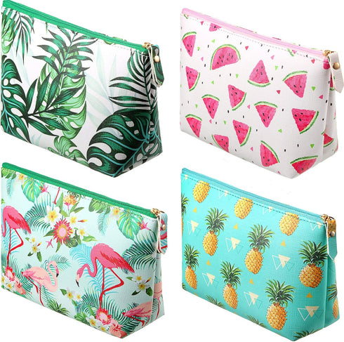 Weewooday 4 Pieces Cosmetic Makeup Bag, Tropical Summer Portable Pouch with Zipper for Women