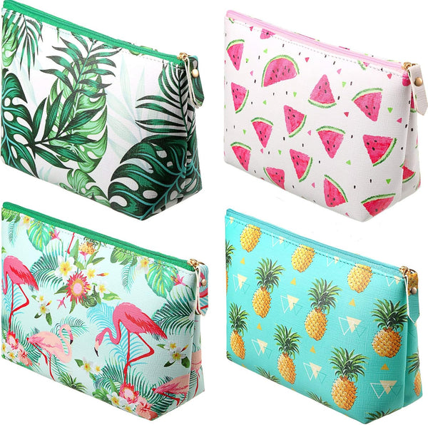 Weewooday 4 Pieces Cosmetic Makeup Bag, Tropical Summer Portable Pouch with Zipper for Women