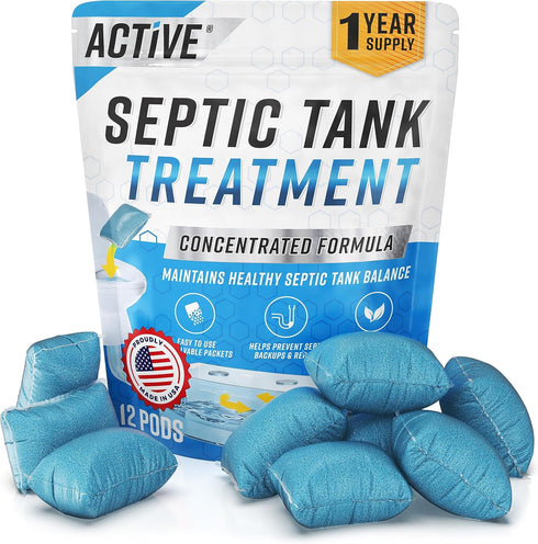 Septic Tank System Treatment Pods - 12 Dissolving Packets, Eco-Friendly Maintenance, Prevent Clogs, Odor & Backups