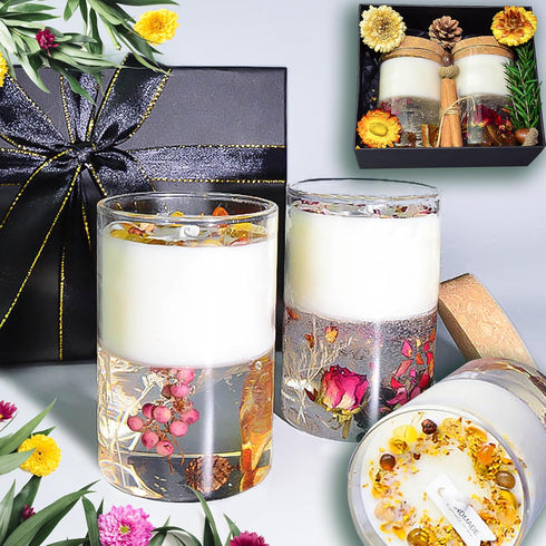 Crystal Candle Gift Set, Organic Natural Flowers in Yelly, Aromatherapy, Healing Gemstones,