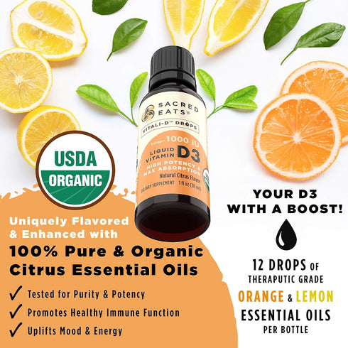 Organic Liquid Vitamin D Drops for Kids & Adults, Sugar Free, 1,000 IU/Drop in Coconut MCT Oil, Great Taste
