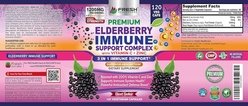 FRESH HEALTHCARE Elderberry Capsules, High Potency Black Elderberry with Zinc and Vitamin C for Immune Support