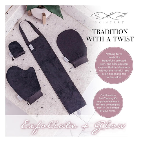 Seraphic Skincare 4-Piece Self Tanner Kit - Includes Premium Exfoliating Mitts and Applicator Belt for Perfect Tan