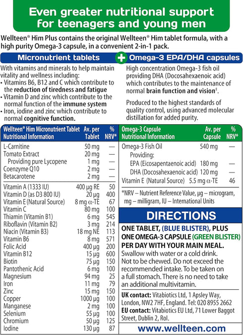 Wellteen Him Plus Omega-3, 56 Tablets and Capsules - Maximum Nutritional Support for Teenagers and Young Men Ages 13-19