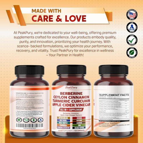 Overall Wellness Support with Berberine 8000mg, Cinnamon 6000mg, Apple Cider Vinegar 3000mg, Turmeric 3000mg