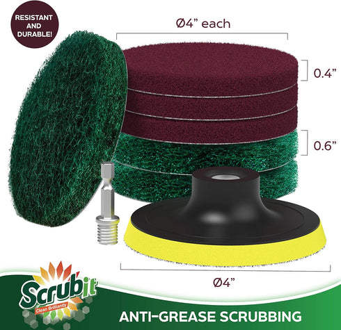 SCRUBIT Heavy Duty Drill Brush Power Scouring Pads, Household Cleaning Kit Includes Drill Attachment, 3 Red, 3 Stiff