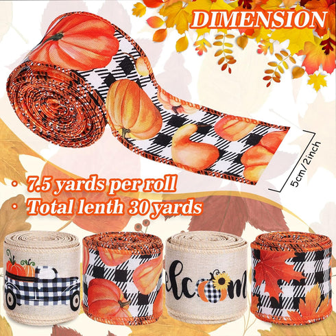 Whaline 30 Yard Fall Thanksgiving Wired Edge Ribbon White Black Buffalo Plaids Ribbon Autumn Leaves Pumpkin Truck Craft Ribbon Rustic Vintage Farmhouse Wrapping Ribbon for Wreath Floral Bow, 4 Rolls