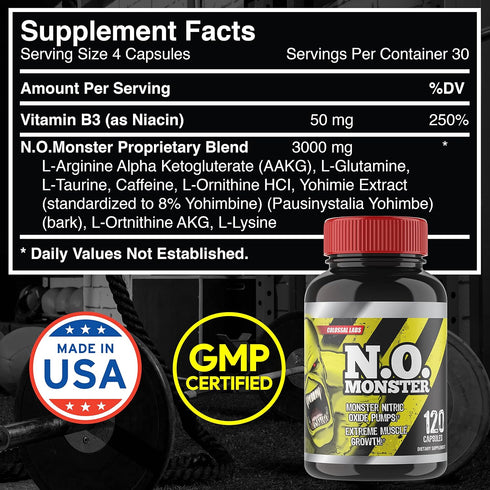 N.O. Monster Nitric Oxide Booster with L-Arginine – Extreme Pumps for Strength, 120 Capsules, Made in USA