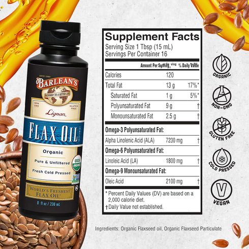 Barlean's Organic Lignan Flaxseed Oil Liquid Supplement from Cold Pressed Flax Seeds, 8 oz