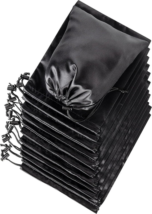 Satin Bags with Drawstring for Lingerie, Jewelry, Gifts, Party Favors, 12 Pack (7 x 9 inch, Black)