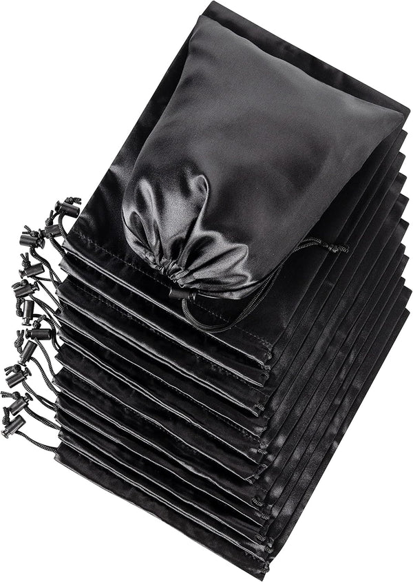 Satin Bags with Drawstring for Lingerie, Jewelry, Gifts, Party Favors, 12 Pack (7 x 9 inch, Black)