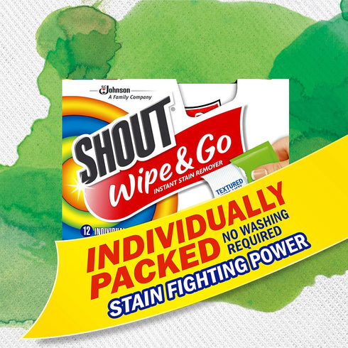 Shout Wipe and Go Instant Stain Remover, On-The-Go Laundry Stains, 12 Count Pack of 12 (144 Total Wipes)