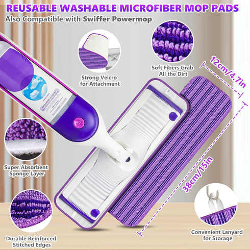 SEVENMAX Microfiber Spray Mops for Floor Cleaning - 3 Washable Pads for Swiffer Powermop