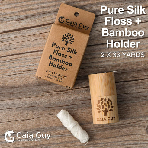 Gaia Guy Natural Unflavored Silk Dental Floss - 2 x 33yds Compostable Pure Silk Waxed with Candelilla Wax, Reusable