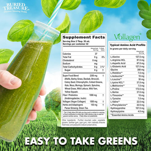 Buried Treasure Green20 Fusion - Liquid Greens Drink with 16 Superfoods, 32 Servings, Supports Energy, Immunity &