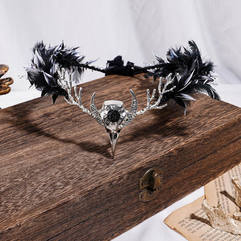 MOSTORY Handmade Black Raven Feather Crown, Gothic Elf Circlet with Raven Skull Tiara for Halloween Cosplay