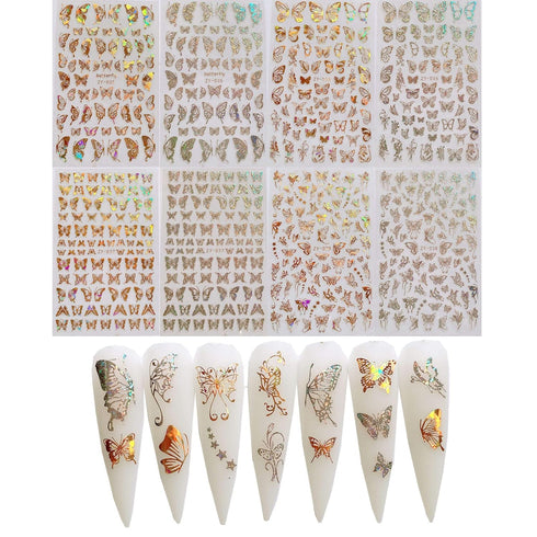 NAIL ANGEL 8Sheets Nail Art Adhesive Sticker Sheets with Different Laser Gold and Silver Butterfly Shapes