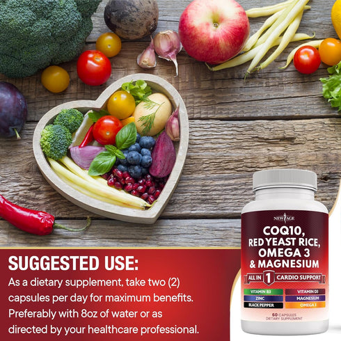 COQ10 200mg Red Yeast Rice 3000mg - Omega 3-6-9 3000mg, Magnesium Complex 500mg, Niacin, Zinc, Vitamin K2 D3 - Heart