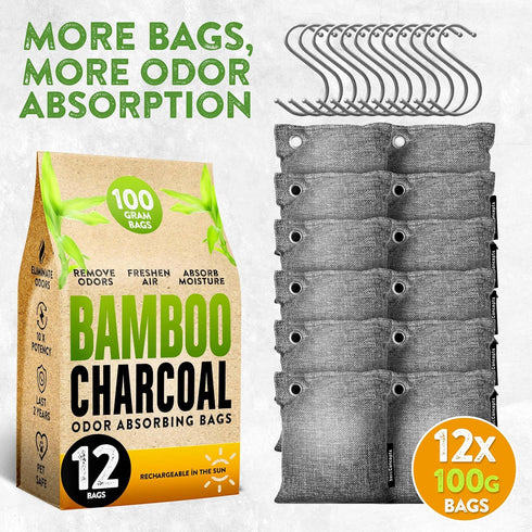 Charcoal Odor Absorber for Strong Odor, Large, 12 Pack, 100g Each, Bamboo Charcoal Purifying Bag