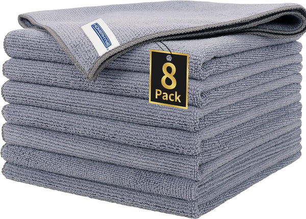 Premium Microfiber Cleaning Cloth, 8 Pack, Lint-Free 300GSM Ultra Absorbent Towels for Household Kitchen (Grey)