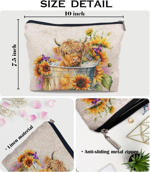 Highland Long Haired Cow Cosmetic Bag with Sunflower Decor, Cute Zipper Pouch for Women