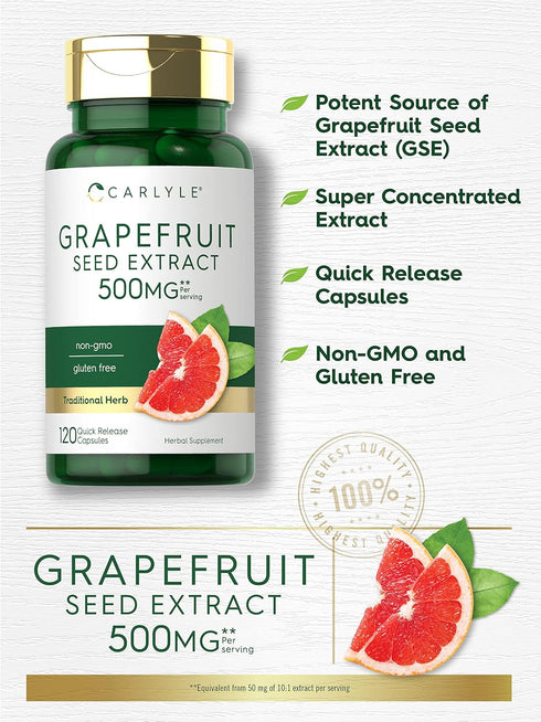 Carlyle Grapefruit Seed Extract | 120 Capsules | 500 mg Maximum Strength | Gluten Free, Non-GMO