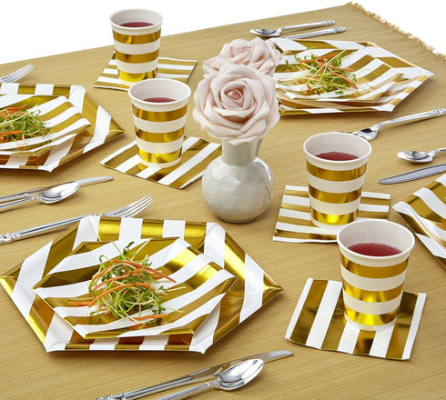 SILVER SPOONS Gold Napkins for Wedding Reception - 36 Piece, 5” x 5” 3-ply Cocktail Napkins for Party, Stripe Design