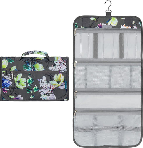 PAVILIA Hanging Toiletry Bag for Women Men, Waterproof Travel Kit, Foldable Cosmetics Organizer, Jewelry Case (Floral
