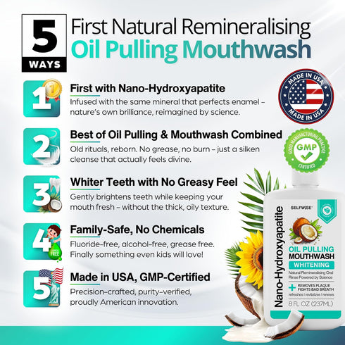SELFWISE 8oz Nano-Hydroxyapatite Oil Pulling Whitening Mouthwash for Teeth and Gums, Natural & Organic, Whitens Teeth