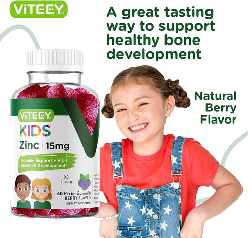 Zinc for Kids Gummies, 15mg, Immune Support for Kids & Teens, Vegan, Gelatin Free, Gluten Free, Tasty Berry Flavor
