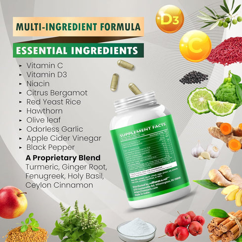 NESSARIT 15-in-1 150 Count Citrus Bergamot Supplement - Natural Blend with Red Yeast Rice Hawthorn Olive Leaf Odorless