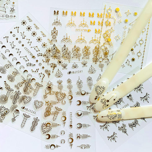 NAIL ANGEL 24 Sheets Nail Art Adhesive Gold Color Sticker Sheets - Moon Star & Flower Shapes