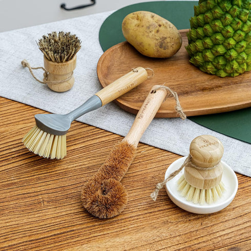 VRUPINZE 4-Piece Set, Natural Bamboo Dish Brush Bottle Scrub Brush with Ceramic Soap Dispenser - Wooden Washing Up