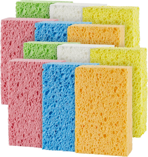 JOYMOOP Compressed Sponges, Pack of 12 Colorful Cellulose Sponges for Non-Scratch Washing Dishes