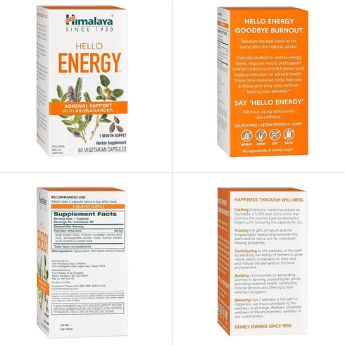 Himalaya Hello Energy Herbal Supplement - Daily Energy Support with Ashwagandha, Amla, Haritaki, 60 Capsules, Vegan