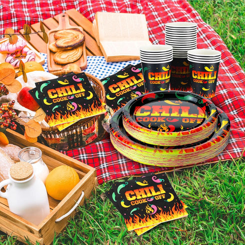 Sliner 100 Pcs Chili Cook Off Paper Party Supplies, 9'' Dinner Plates, 7'' Dessert Plates, and Napkins