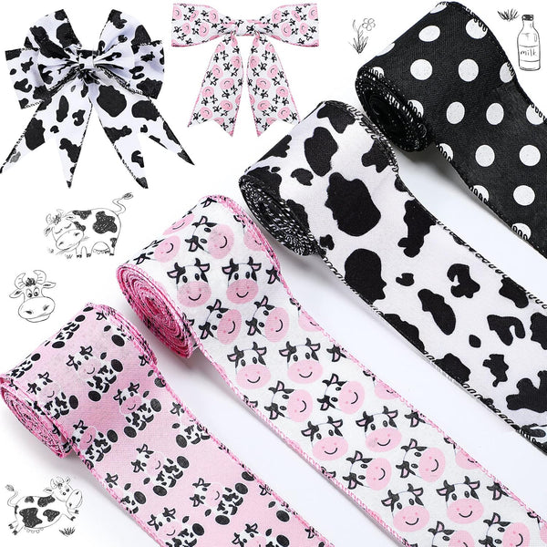 4 Rolls Cow Print Wired Ribbon, 24 Yard, 2.5 Inch, Pink Black and White Striped for DIY Crafts