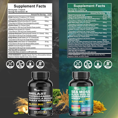 Woman,2 Rhodiola,19,445mg Immune 60 Peakhealth Shilajit Sea Moss Black Seed Oil Ashwagandha Capsules for Man Bottle