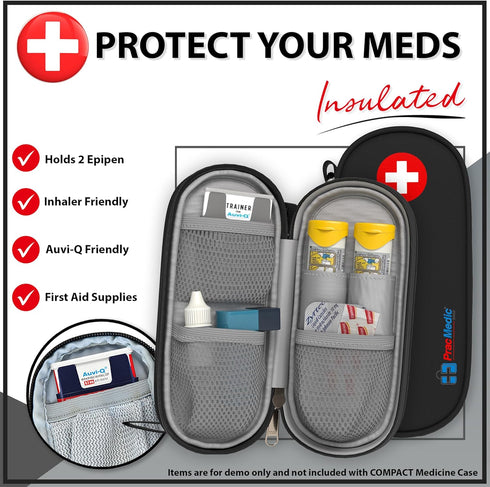 PracMedic EpiPen Carry Case - Insulated Compact Case holds 2 Epipens or Auvi-Q, Inhaler, Medicines (Black)