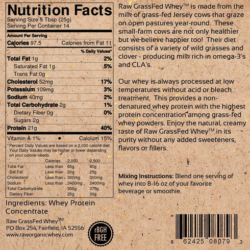 Raw Grass Fed Whey Protein Powder, 100% Grass Fed, COLD PROCESSED, Unflavored, 12 OZ, GMO-Free