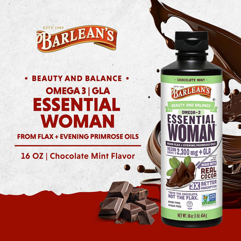 Barlean's Essential Woman Liquid Supplement, Chocolate Mint, 16 oz, Flaxseed, Evening Primrose Oil & Soy Isoflavones