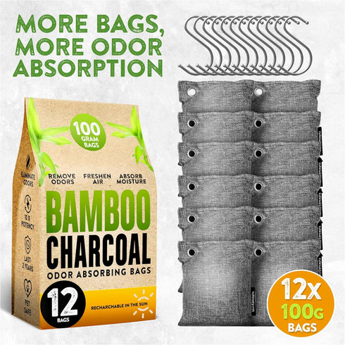 Charcoal Odor Absorber for Strong Odor, Large, 12 Pack, 100g Each, Bamboo Charcoal Purifying Bag