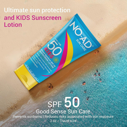 NO-AD KIDS SPF 50 Sunscreen Lotion, Non-Greasy Waterproof Kids Sunscreen, Broad Spectrum Protection, 3 oz, Pack of 3