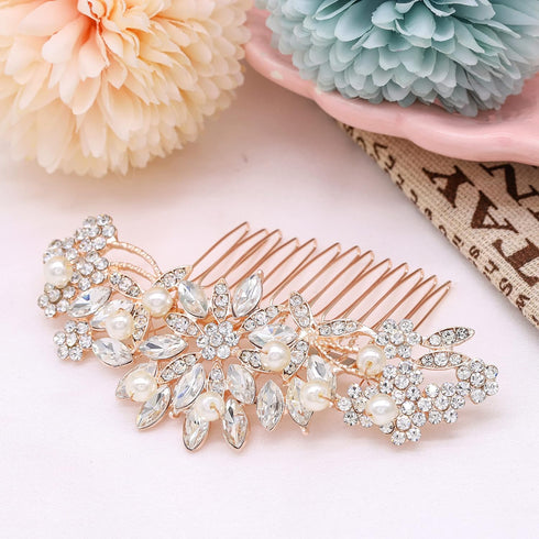 Rose Gold Wedding Hair Comb with Pearls and Crystals, Bridal Headpiece for Parties (Rose Gold)